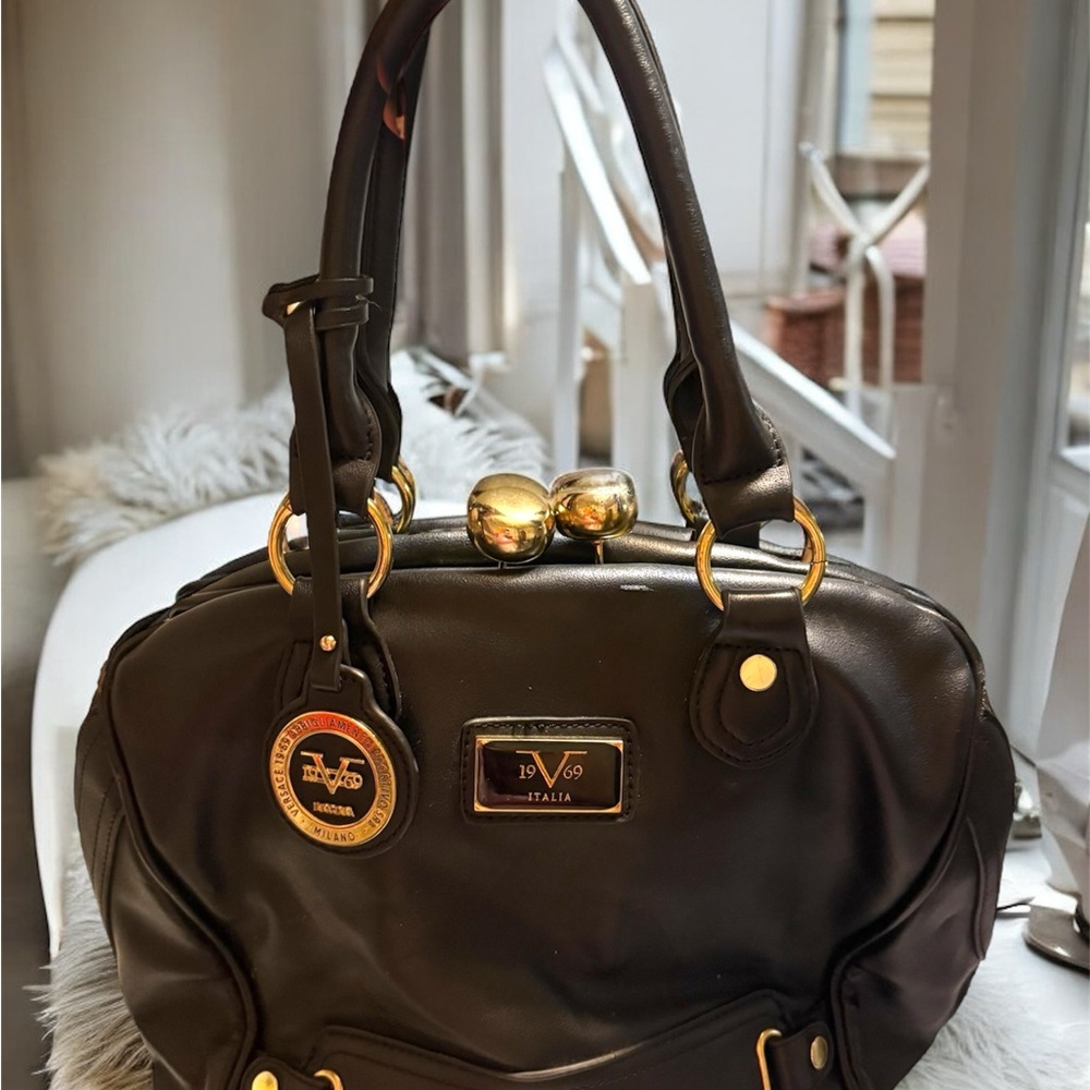 Versace Black Leather Shoulder Bag with Gold Accents